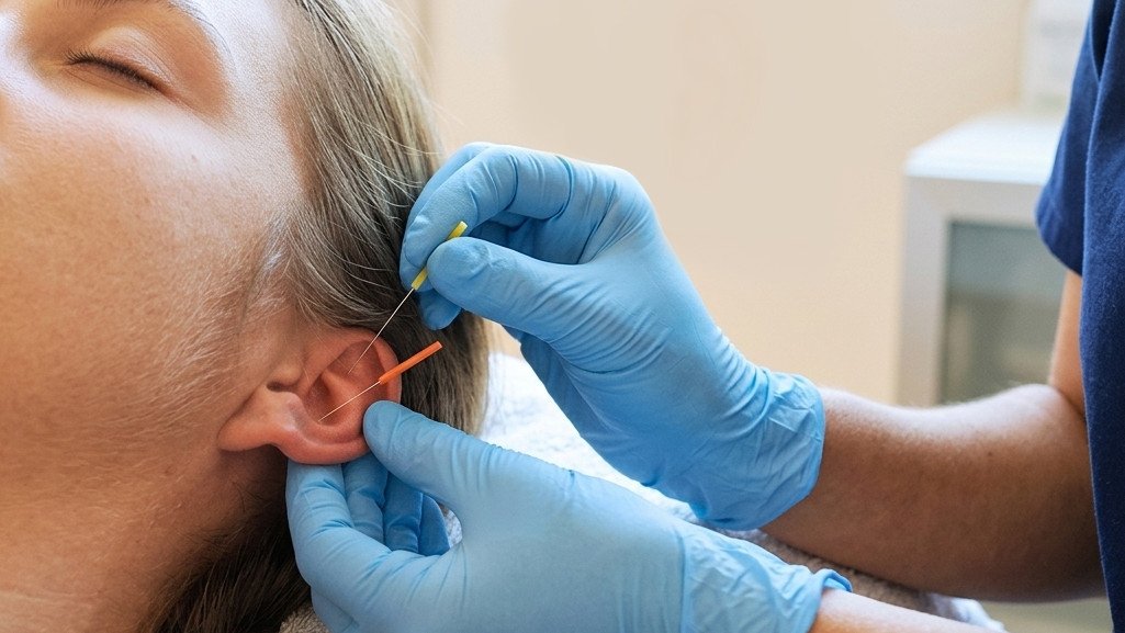 Patientin erhält Ohrakupunktur