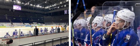 Hallenstadion und Pet-Abschrankungen Eishockey im Coronajahr