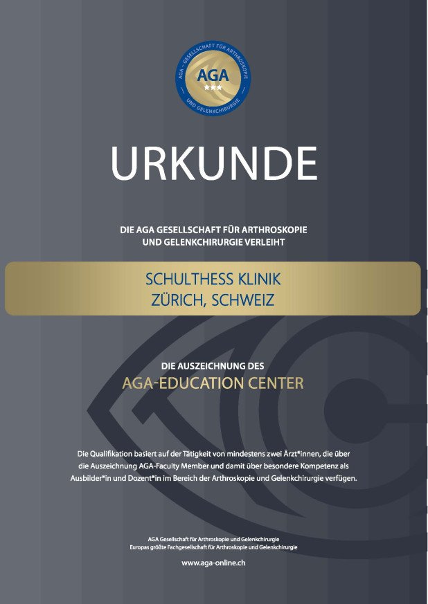 AGA-EDUCATION CENTER_Urkunde Schulthess_Klinik